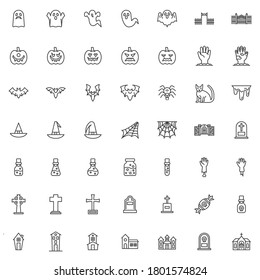 Happy Halloween line icons set. linear style symbols collection, outline signs pack. vector graphics. Set includes icons as scary ghost, angry pumpkin, flying bat, spider, haunted house, cemetery gate