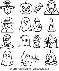happy halloween line icons set 