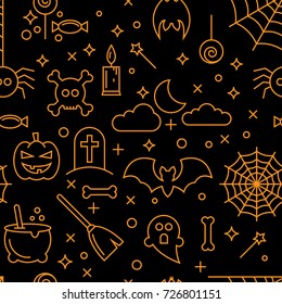 Happy Halloween line icons set. Vector illustration of abstract seamless Halloween wallpaper pattern as a background for your design