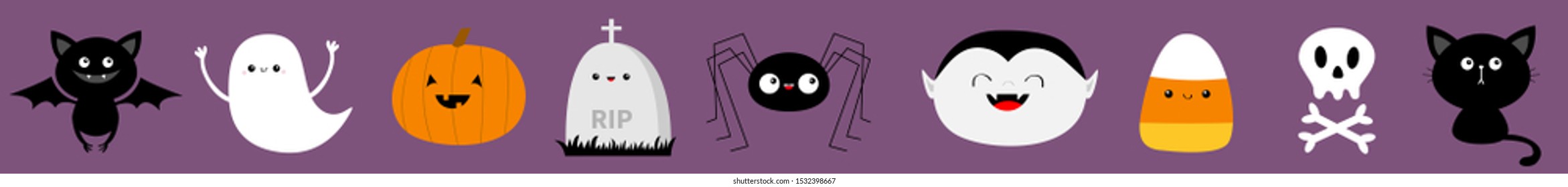 Feliz final de Halloween. Barro, maíz dulce, espíritu fantasma, calabaza, gato, dracula, hueso del cráneo, araña, grava. Caricatura kawaii personaje de bebé gracioso. Diseño plano. Vector aislado de fondo violento