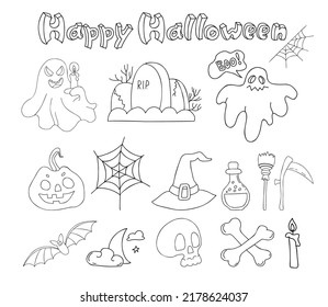 Happy Halloween. Linear hand drawn doodles Jack pumpkin, ghost, web, skull and crossbones, grave, bat, witch hat, scythe, broom and potion. Vector isolated outline elements for decor, design.