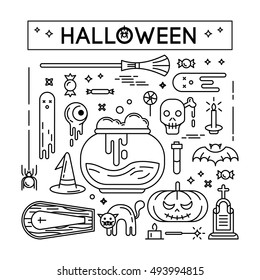 Happy halloween lined icons set.
