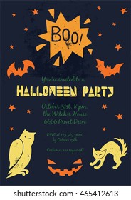 Happy Halloween lino cut vector elements on textured background. Treat or treat invitation card and poster template. Isolated decorative elements: pumpkin, witch, bat, skeleton, black cat, ghost