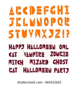 Happy Halloween lino cut vector elements on textured background. Treat or treat invitation card and poster template. Isolated decorative elements: pumpkin, witch, bat, skeleton, black cat, ghost