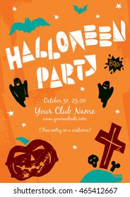 Happy Halloween lino cut vector elements on textured background. Treat or treat invitation card and poster template. Isolated decorative elements: pumpkin, witch, bat, skeleton, black cat, ghost