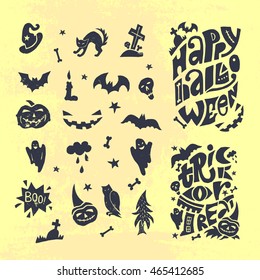 Happy Halloween lino cut vector elements on textured background. Treat or treat invitation card and poster template. Isolated decorative elements: pumpkin, witch, bat, skeleton, black cat, ghost