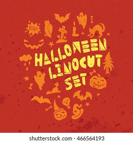 Happy Halloween lino cut vector elements on textured background. Latin hand-lettered alphabet. Isolated decorative elements: pumpkin, witch, bat, skeleton, black cat, ghost, letters, words