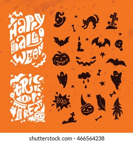 Happy Halloween lino cut vector elements on textured background. Treat or treat invitation card and poster template. Isolated decorative elements: pumpkin, witch, bat, skeleton, black cat, ghost