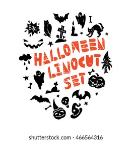 Happy Halloween lino cut vector elements on textured background. Latin hand-lettered alphabet. Isolated decorative elements: pumpkin, witch, bat, skeleton, black cat, ghost, letters, words