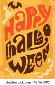 Happy Halloween lino cut vector elements on textured background. Treat or treat invitation card and poster template. Isolated decorative elements: pumpkin, witch, bat, skeleton, black cat, ghost