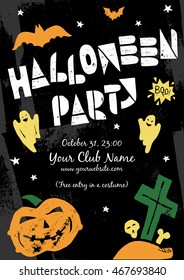 Happy Halloween lino cut vector elements on textured background. Treat or treat invitation card and poster template. Isolated decorative elements: pumpkin, witch, bat, skeleton, black cat, ghost