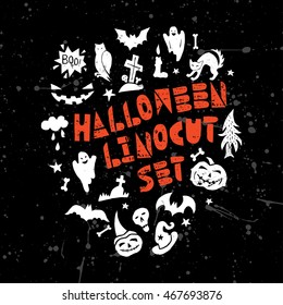 Happy Halloween lino cut vector elements on textured background. Latin hand-lettered alphabet. Isolated decorative elements: pumpkin, witch, bat, skeleton, black cat, ghost, letters, words