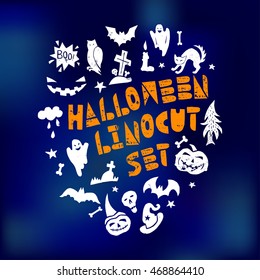 Happy Halloween lino cut vector elements on textured background. Latin hand-lettered alphabet. Isolated decorative: pumpkin, witch, bat, skeleton, black cat, ghost, letters, words