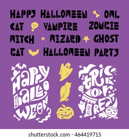 Happy Halloween lino-cut vector elements on textured background. Treat or treat invitation card and poster template. Isolated decorative elements: pumpkin, witch, bat, skeleton, black cat, ghost