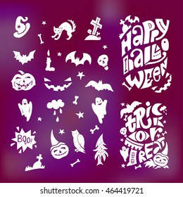 Happy Halloween lino-cut vector elements on textured background. Treat or treat invitation card and poster template. Isolated decorative elements: pumpkin, witch, bat, skeleton, black cat, ghost