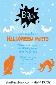 Happy Halloween lino-cut vector elements on textured background. Treat or treat invitation card and poster template. Isolated decorative elements: pumpkin, witch, bat, skeleton, black cat, ghost