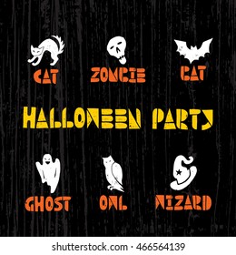 Happy Halloween lino-cut vector elements on textured background. Latin hand lettered alphabet. Isolated decorative elements: pumpkin, witch, bat, skeleton, black cat, ghost, letters, words
