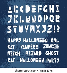 Happy Halloween lino-cut vector elements on grunge textured background. Latin hand-lettered alphabet. Isolated decorative elements: letters, words, party, owl, cat, witch