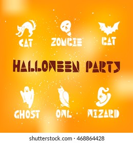 Happy Halloween lino-cut vector elements on textured background. Latin hand lettered alphabet. Isolated decorative elements: pumpkin, witch, bat, skeleton, black cat, ghost, letters, words