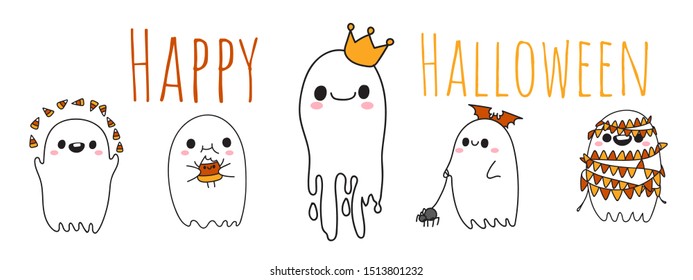 Happy Halloween with little cute flying happy ghosts spirit in different style. Cute cartoon character. Vector illustration.