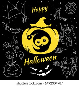 Happy Halloween. Little cute Ghost for the first time on Halloween. Mixed style, vector illustration for the design of postcards, banners. Vector on a black background.