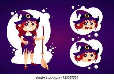 Happy Halloween. Halloween little evil witch. Girl kid in halloween purple costume. Purple background. Red hair. different facial expressions