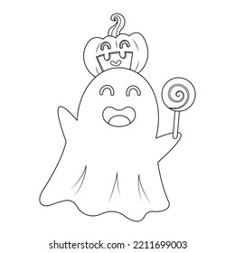 Happy halloween little ghost holding lollipop. Halloween ghost with Jack-o-Lantern and candy vector illustration cartoon isolated on white background. 