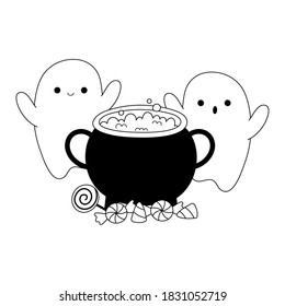 happy halloween little ghosts with cauldron and candies vector illustration line style