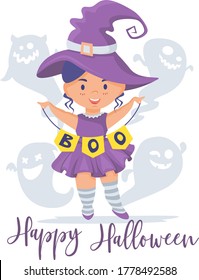 Happy Halloween. Little girl dressed as a witch. Garland with the inscription boo. Merry and kind ghosts. Young witch.