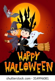 Happy Halloween with little kid and ghost background big moon