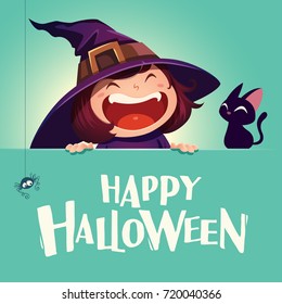 Happy Halloween. Little witch with big signboard. Turquoise background.