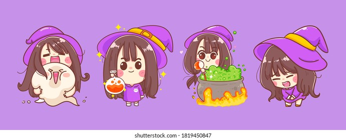 Happy halloween of little witch cartoon isolated on background with character design.