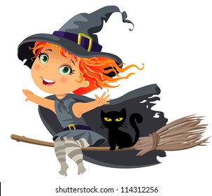 Happy Halloween, Little witch flying on a broom, vector illustration