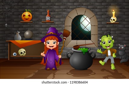 Happy halloween little witch and frankenstein