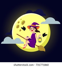 Happy Halloween. Little Witch on a broom. Cute girl and bats. Vector illustration of a flat design.