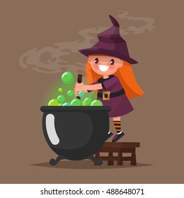 Happy Halloween. Little Witch preparing a potion. Vector illustration of a flat design