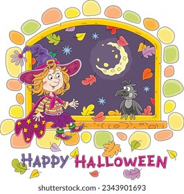 Happy Halloween little witch sitting on a windowsill of an open window and talking to a funny black crow on a mysterious dark autumn night, vector cartoon illustration on a white background