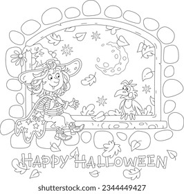 Happy Halloween little witch sitting on a windowsill of an open window and talking to a funny black crow on a mysterious dark autumn night, black and white vector cartoon illustration