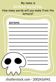 Happy Halloween logical word game with funny skull vector illustration. Create as many words from the given letters as you can. Educational word puzzle in English - words within a word