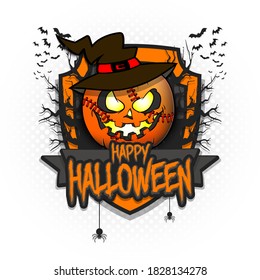 Happy Halloween. Logo baseball ball in the form of a pumpkinin in witch hat on an isolated background. Design template for banner, poster, greeting card, flyer, party invitation. Vector illustration