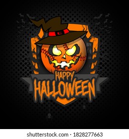 Happy Halloween. Logo baseball ball in the form of a pumpkinin in witch hat on an isolated background. Design template for banner, poster, greeting card, flyer, party invitation. Vector illustration