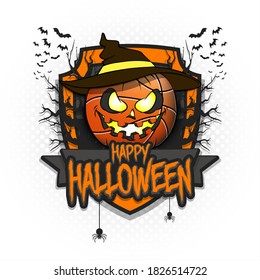 Happy Halloween. Logo basketball ball in the form of a pumpkinin in witch hat on an isolated background. Design template for banner, poster, greeting card, flyer, party invitation. Vector illustration