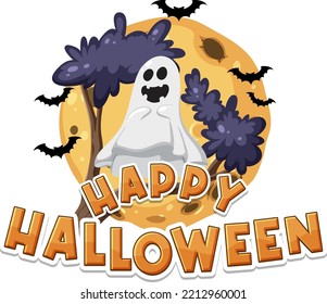 Happy Halloween Logo Design With Ghost Illustration