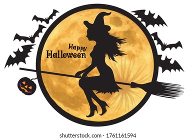 Happy Halloween logo design integrated with the illustration. Moon and flying witch silhouette and bats. Holidays, events.