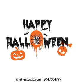 Fröhliches Halloween Logo-Design, Vektor Text Banner auf weißem Hintergrund, Vektorgrafik mit Web und Spinne.
