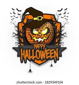 Happy Halloween. Logo golf ball in the form of a pumpkinin in witch hat on an isolated background. Design template for banner, poster, greeting card, flyer, party invitation. Vector illustration