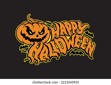 Happy halloween logo. Halloween party, drawn Halloween symbols pumpkin, logo design, vector illustration