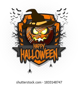 Happy Halloween. Logo soccer ball in the form of a pumpkinin in witch hat on an isolated background. Design template for banner, poster, greeting card, flyer, party invitation. Vector illustration