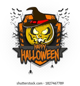 Happy Halloween. Logo tennis ball in the form of a pumpkinin in witch hat on an isolated background. Design template for banner, poster, greeting card, flyer, party invitation. Vector illustration