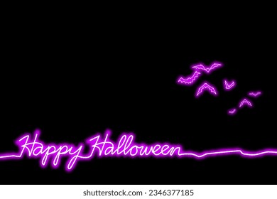 Happy Halloween logo text design. 
Bat neon and happy Halloween continuous line drawing. Vector with black lines isolated on white background